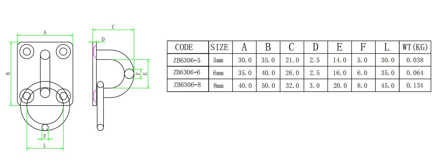 ZB6306带环方形门扣-尺寸简图 ZB6306带环方形门扣-尺寸简图