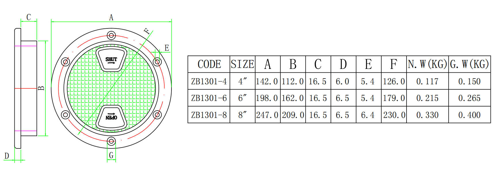 ZB1301 塑料圆形甲板盖-尺寸图