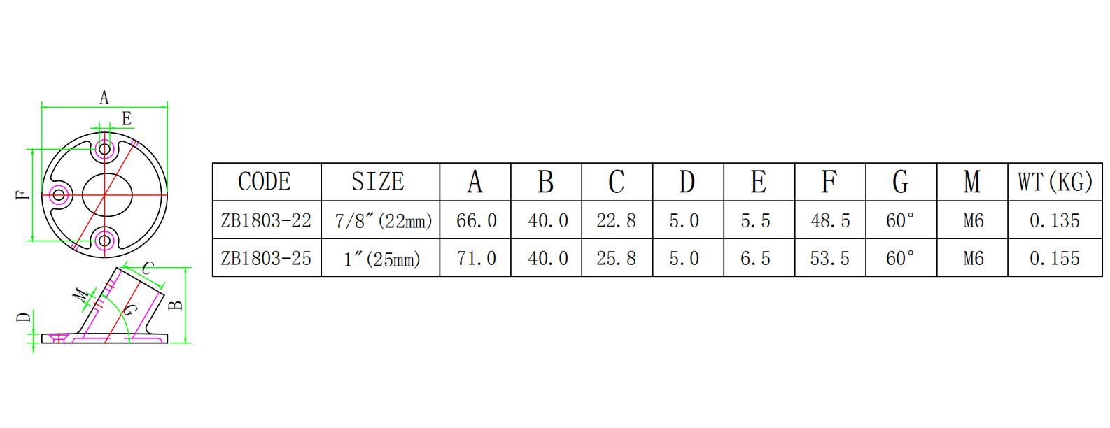 ZB1803 60度圆管座-尺寸图 ZB1803 60度圆管座-尺寸图