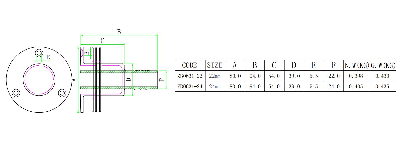 Marine heater thru hull exhaust skin fitting dimensional diagram and specifications