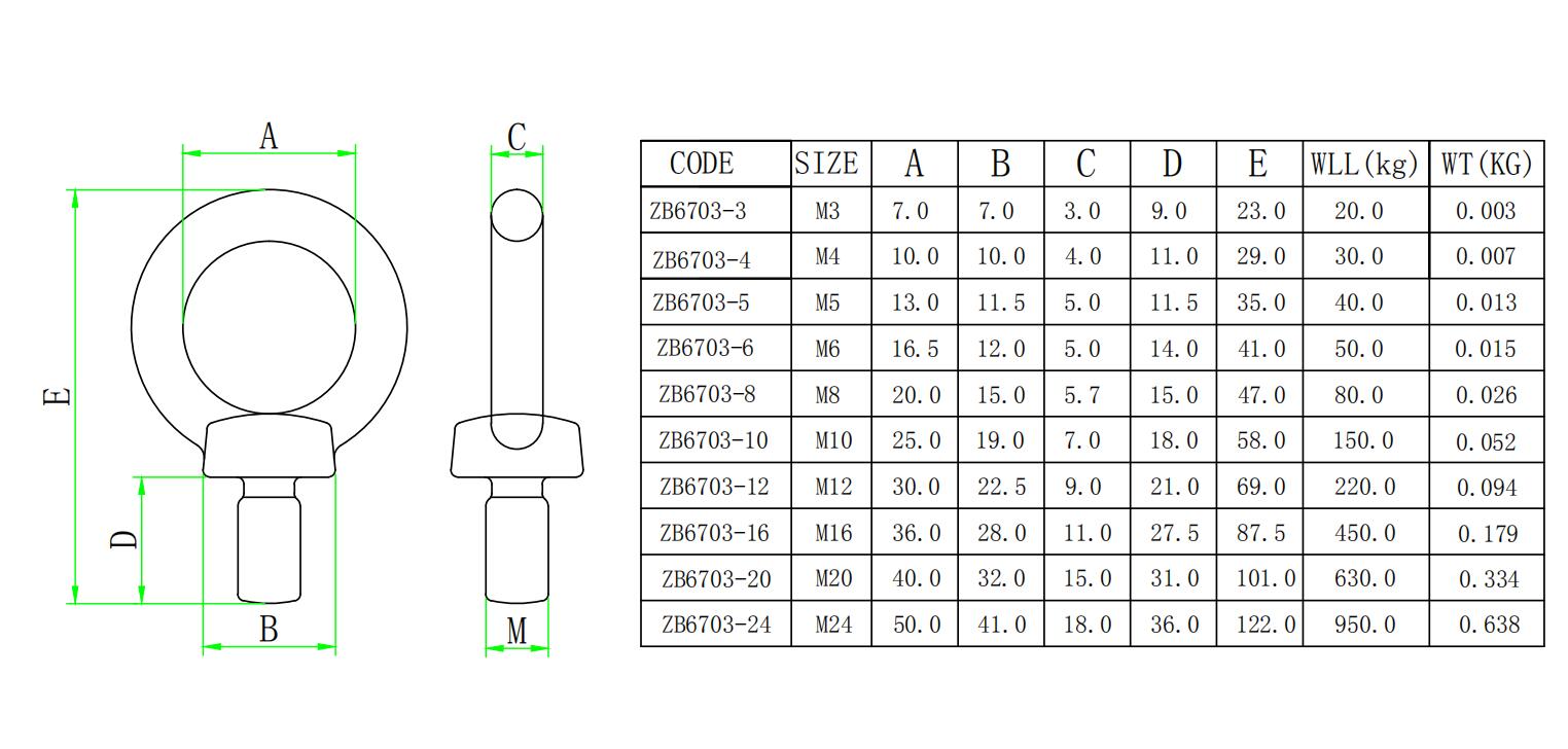 Dimensional Drawing of JIS1168 Lifting Eye Bolt for Custom Marine Engineering