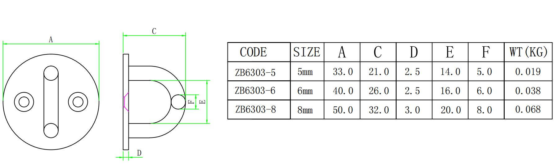 ZB6303圆形门扣-尺寸简图 Dimensional diagram of the round eye pad plate showing precise measurements