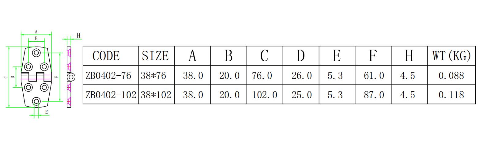 ZB0402梯形六孔合页-尺寸简图
