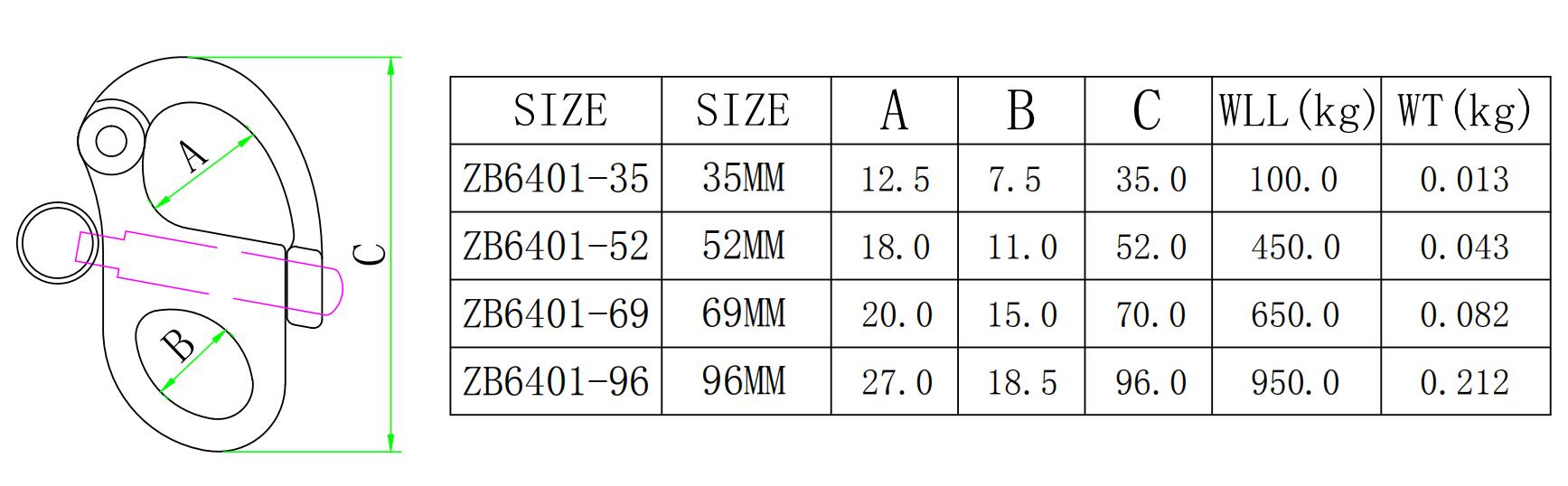 ZB6401固定弹簧卸扣-尺寸简图