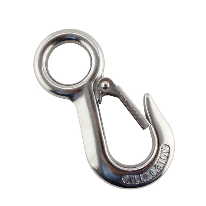 Heavy Duty 0.2 T/0.3T/0.5T Lifting Hook Marine Grade SS 304 Large Eye Spring Latched Crane Hook