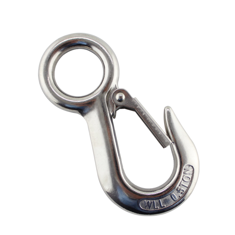 Heavy Duty 0.2 T/0.3T/0.5T Lifting Hook Marine Grade SS 304 Large Eye Spring Latched Crane Hook