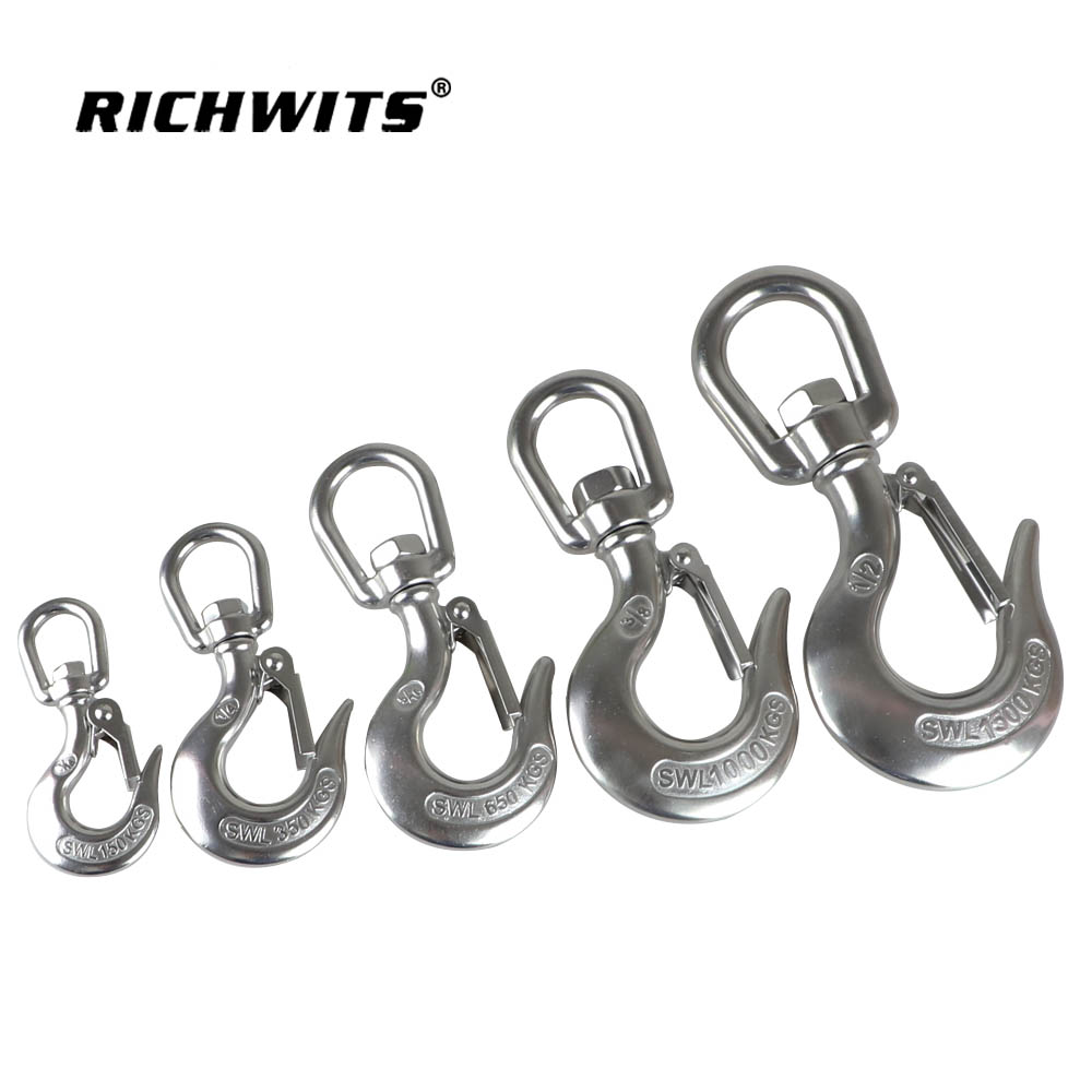 Factory AISI304 Stainless Steel Swivel Eye Slip Hook With Safety Latch Lifting Hoisting Crane Chain Hook