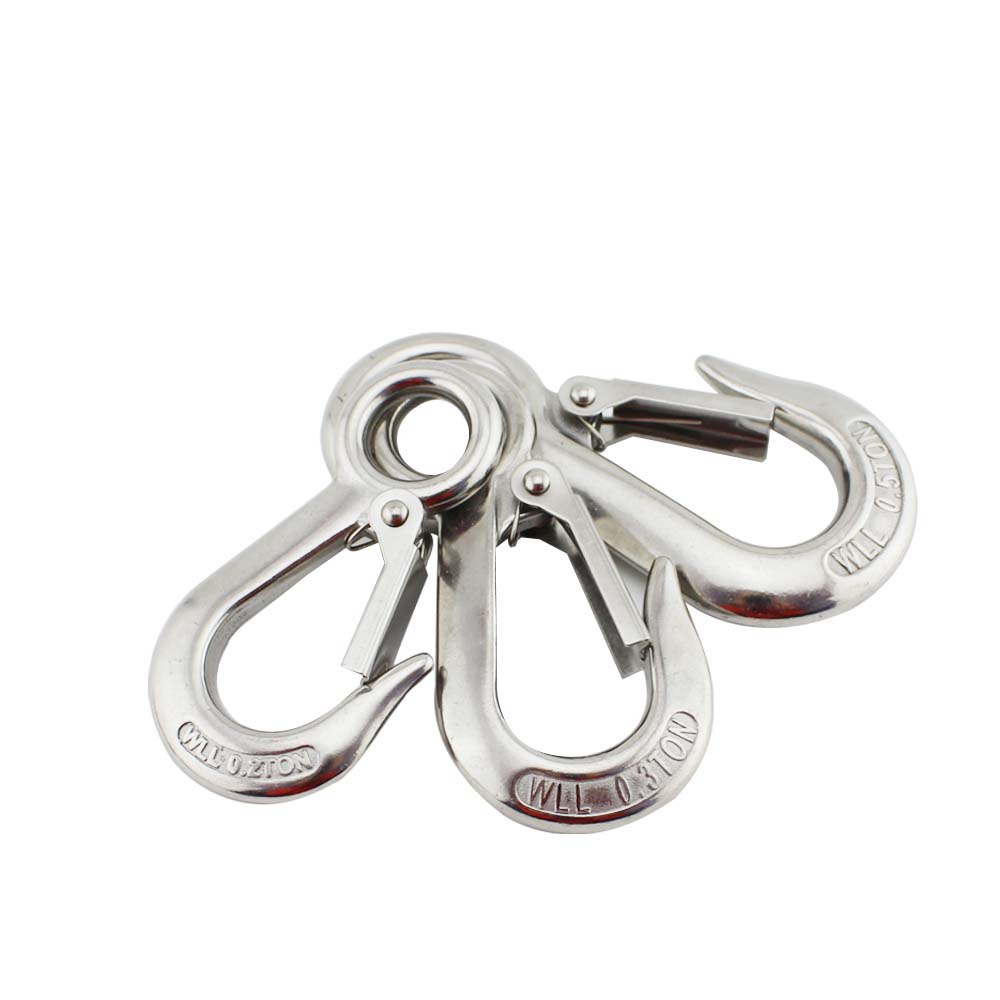 Heavy Duty 0.2 T/0.3T/0.5T Lifting Hook Marine Grade SS 304 Large Eye Spring Latched Crane Hook