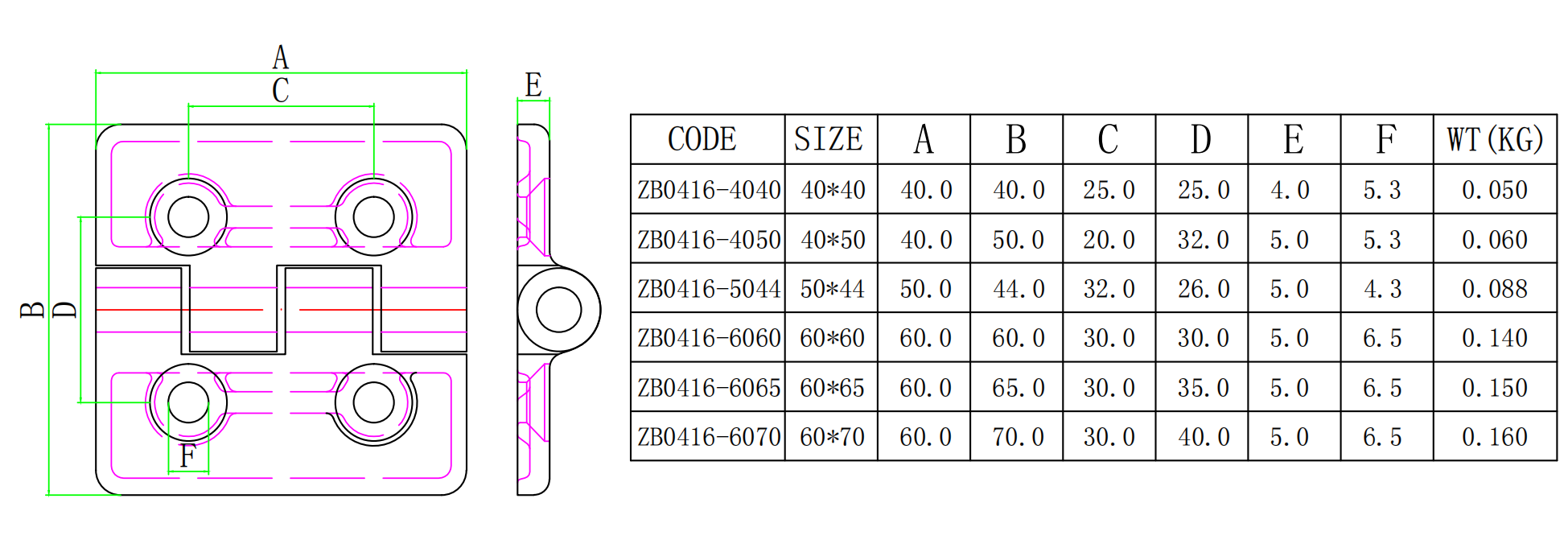 ZB0416钢垫圆四孔合页-尺寸简图 ZB0416钢垫圆四孔合页-尺寸简图