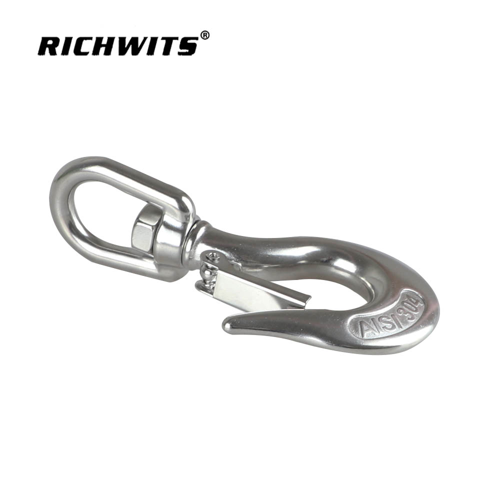 Factory AISI304 Stainless Steel Swivel Eye Slip Hook With Safety Latch Lifting Hoisting Crane Chain Hook