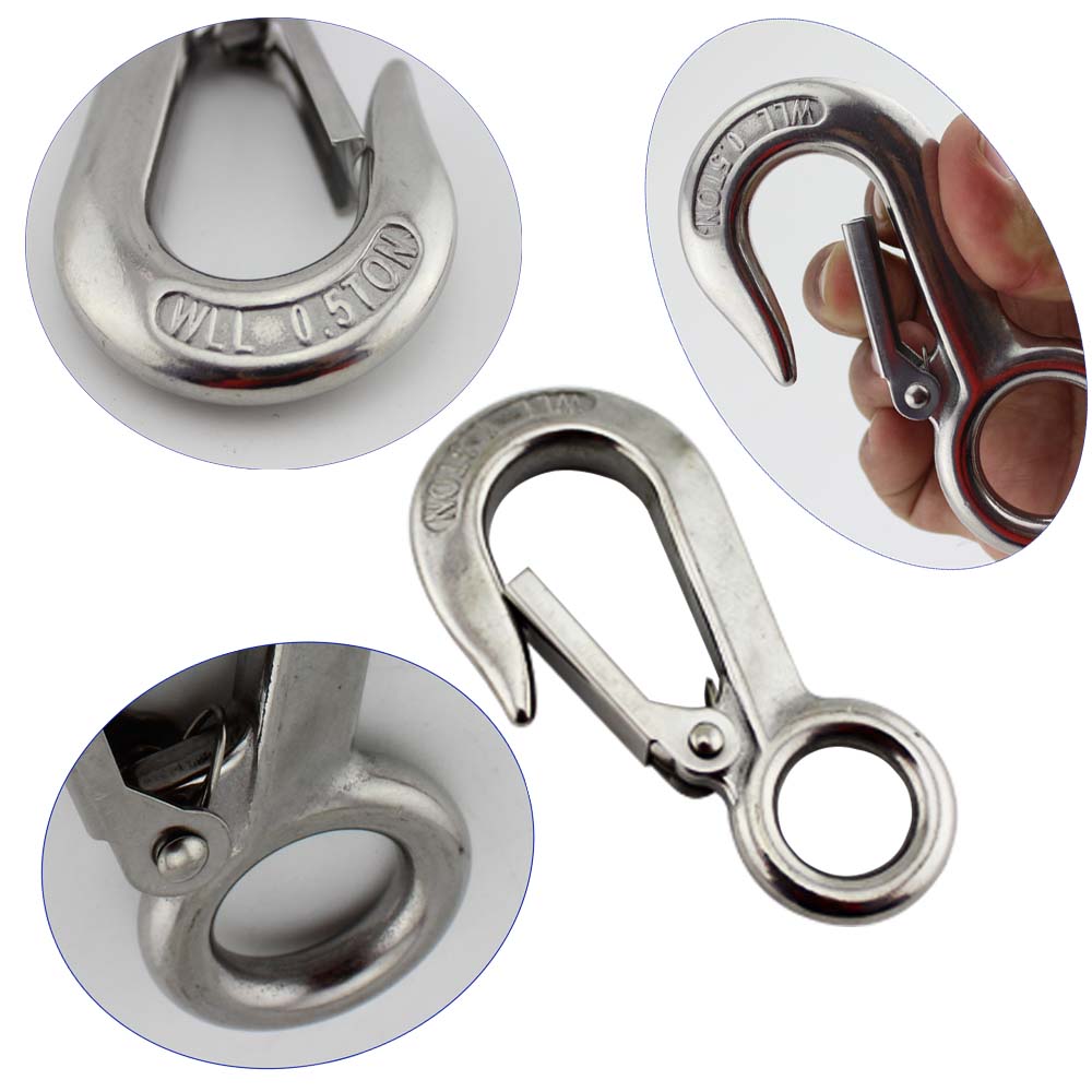 Heavy Duty 0.2 T/0.3T/0.5T Lifting Hook Marine Grade SS 304 Large Eye Spring Latched Crane Hook