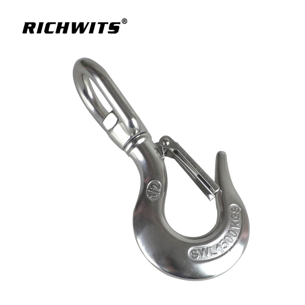 Factory AISI304 Stainless Steel Swivel Eye Slip Hook With Safety Latch Lifting Hoisting Crane Chain Hook