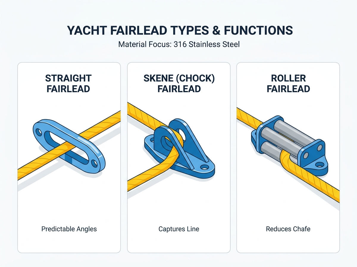 Stainless steel yacht fittings and marine hardware on a boat deck