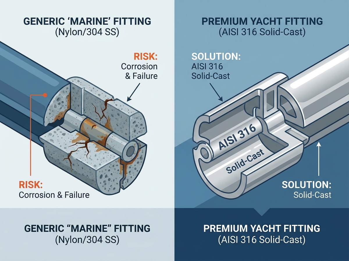 Yacht canopy fittings and marine hardware layout