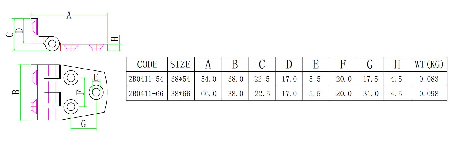 Technical dimensional drawing of the 38x54mm stainless steel heavy duty hinge